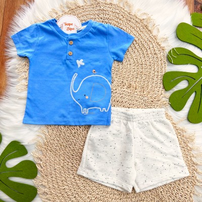 Conj. Camiseta Elefantinho e Bermuda - Azul Bebê e Areia